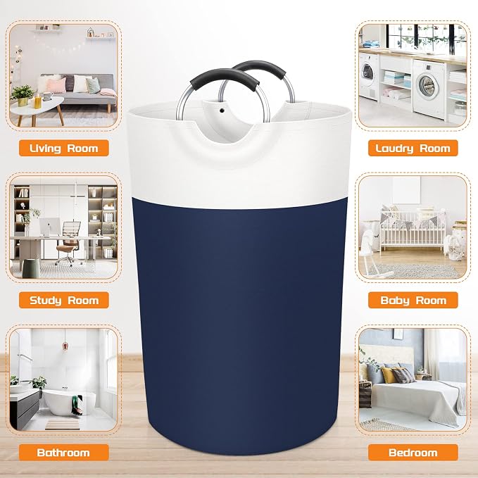 BlissTotes 115L Laundry Basket, Freestanding Collapsible Hamper, Blue | Collapsible Dirty Clothes Hamper, Foldable Laundry Bag for Dorm, Waterproof Fabric, Padded Aluminum Handles