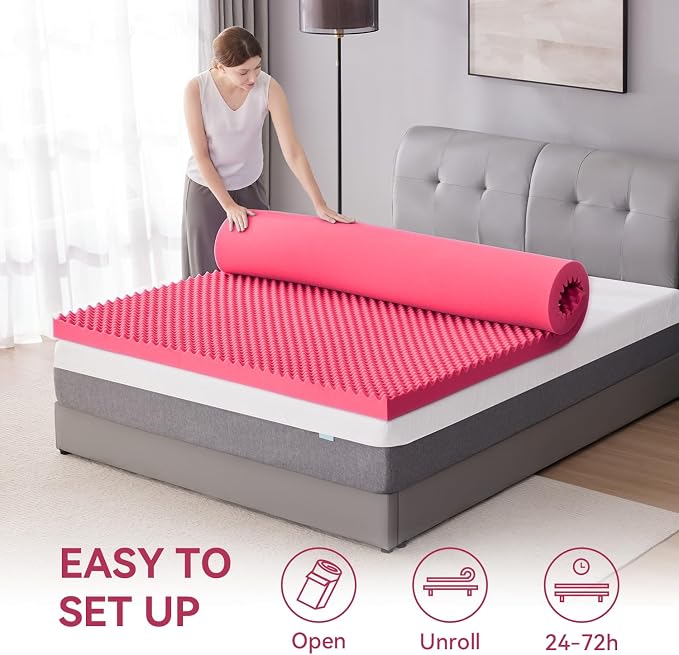 SINWEEK 2 Inch Egg Crate Memory Foam Mattress Topper Twin Size, Soft Mattress Pad for Back Pain Relief, Bed Topper, CertiPUR-US Certified, Pink