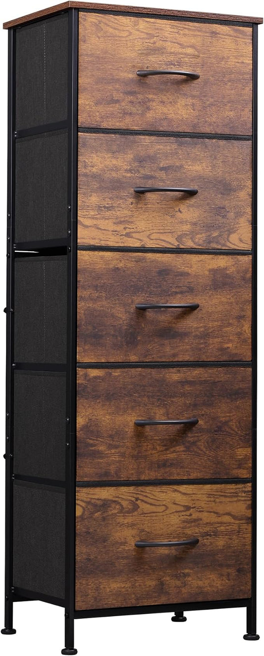 WLIVE Tall Dresser for Bedroom, 5 Drawer Dresser, Rustic Brown | 5 vertical fabric drawers, Tall vertical design, Bedroom or closet use, Dresser for small spaces, Chest of drawers