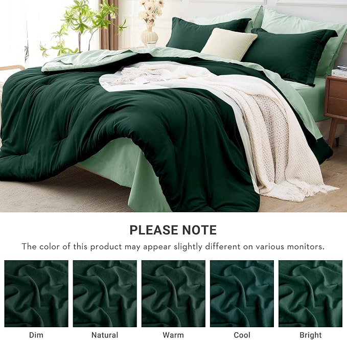 7 Pieces Full Comforter Set, Soft Bed in a Bag Full Size, All Season Bedding Set with Comforter, Flat Sheet, Fitted Sheet, Pillowcases & Shams, Forest Green & Sage Green