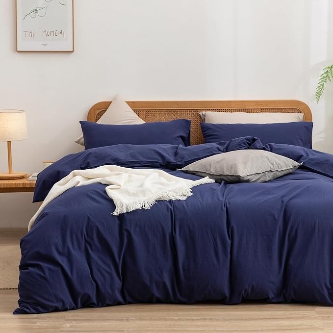 BESTOUCH Cotton Solid Duvet Cover Set Linen Feel Navy Blue Full | 100% Washed Cotton, Soft Wrinkle Texture, Hidden Zipper, 8 Ties, Breathable Lightweight Durable Comfy, 3 Pcs No Insert