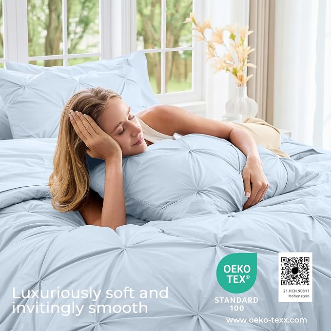 Sasttie Oversized Queen Comforter Set, 7-Piece Bed in a Bag, Pintuck Bedding Sets for All Season, Includes Comforter, Flat Sheet, Fitted Sheet, Pillowcases and Pillowshams, Light Blue