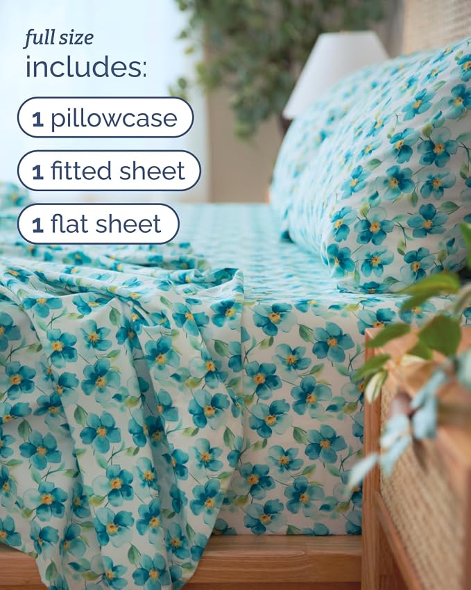 Full 4 Piece Floral Sheet Set - Breathable & Cooling - Blue Meadow Bloom | 1 Flat, 1 Fitted & 2 Pillowcases w/ Deep Pockets, Boho Botanical Floral Bedding, Breathable & Cooling, Wrinkle & Fade Free