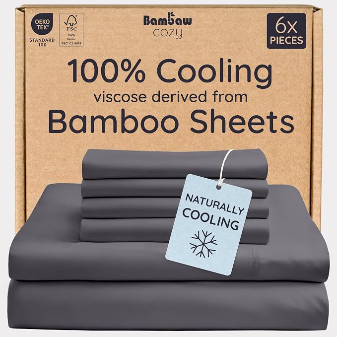 Bambaw 100% Viscose Derived from Bamboo Sheets King Size Set – 6pcs Set of Cooling Sheets for Hot Sleepers, Super Soft Bed Sheets King, Fits Up to 16'' Mattresses, Luxury Bedding Sets King (Charcoal)
