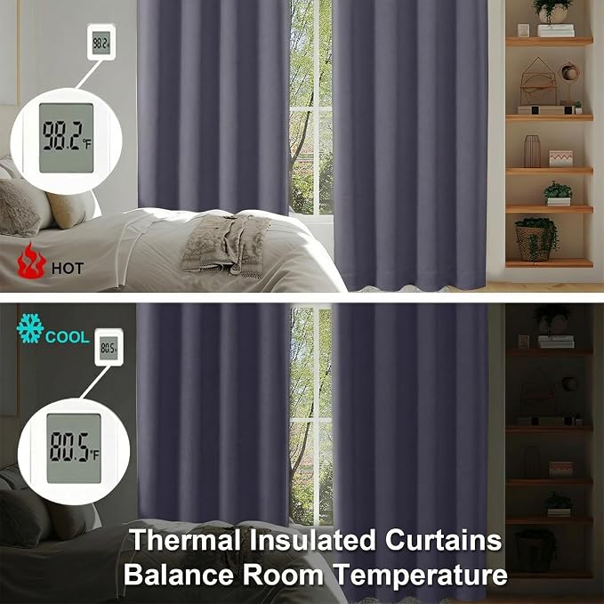 Simplebrand Ava Greyish Purple Blackout Curtains for Bedroom 90 Inches Long 2 Panels Set, Solid Privacy Energy Saving Living Room Window Treatment Curtains Blackout Drapes, W50 x L90 Inch