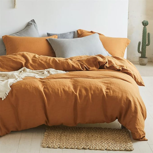Simple&Opulence 100% Linen Duvet Cover Set 2pcs Basic Style Natural French Washed Flax Solid Color Soft Breathable Farmhouse Bedding with Button Closure - Rust, Twin