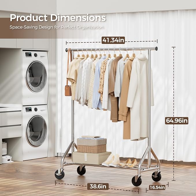 HYSEYY Clothes Rack, Rolling Clothing Rack for Hanging Clothes Load 380 LBS Portable Garment Rack with Sturdy Wheels, Metal Coat Rack Wardrobe Closet for Bedroom Laundry living Room, Silver