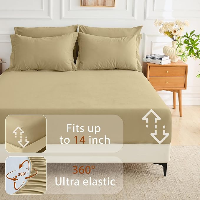 7 Pieces Queen Comforter Set, Soft Bed in a Bag Queen Size, All Season Bedding Set with Comforter, Flat Sheet, Fitted Sheet, Pillowcases & Shams, Khaki