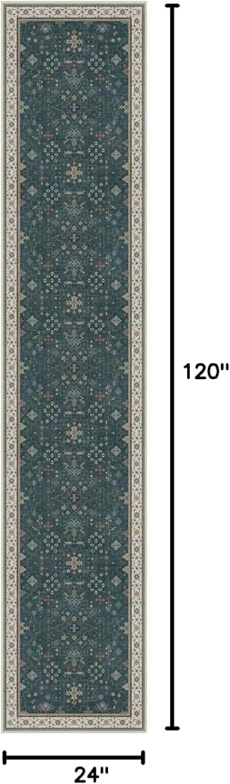Vintage Dark Green 2x10 Hallway Runner Rug - Modern Boho Eclectic Floral Pastel, Washable Low Pile Non-Slip Extra Long Runner Rugs for Kitchen, Bedroom
