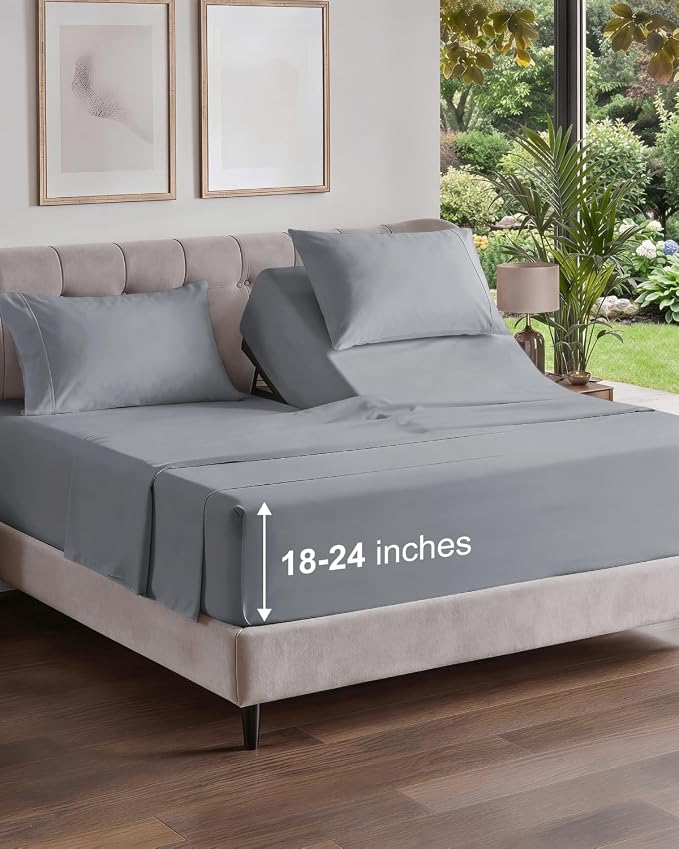Flex Top Split Head King Sheet Set - 4 Piece Extra Deep Sheets - Steel Blue | Easily Fits 18 to 24 inch Mattress, Ultra Soft, Wrinkle & Fade Free with Extra Deep Pockets, Comfy Hotel Luxury Bedding