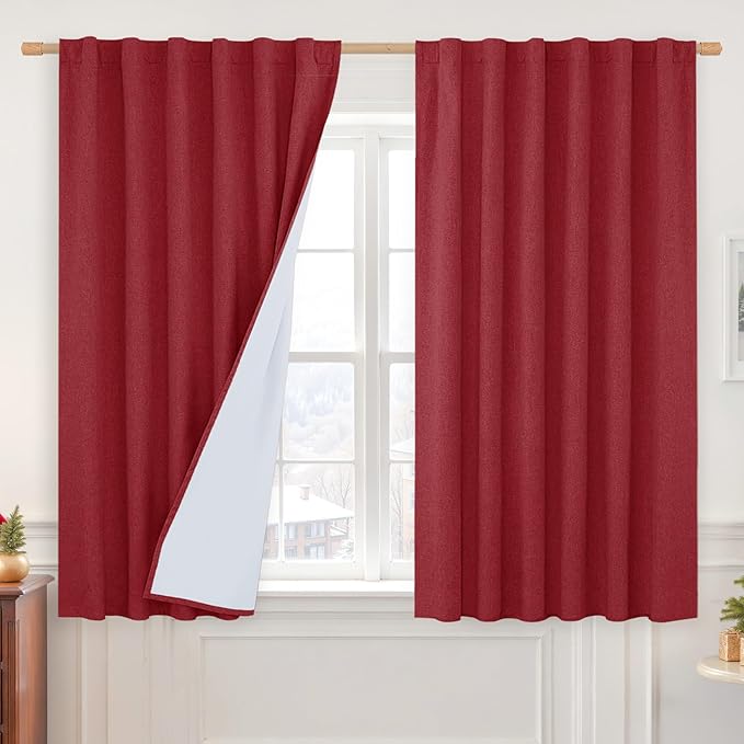 Red 100% Blackout Linen Window Curtains for Bedroom 45 Inch 2 Panels | Linen Textured, Thermal, Christmas Decor Drapes, Privacy Window Panels, Rod Pocket Back Tab, with White Liner, 52 x 45 Inch