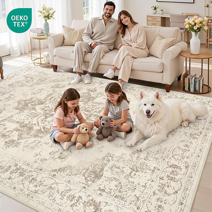 3x5 Area Rugs Living Room: Bedroom Washable Carpet Beige/Ivory | Vintage Boho Soft Small Indoor Decor Floor Non-Slip Low Pile Neutral Farmhouse Entryway Laundry Bathroom Bedroom Beside Rugs