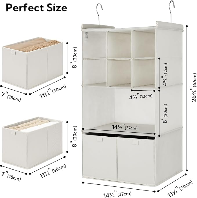 GRANNY SAYS 4-Shelf Hanging Closet Organizer with Drawer, Foldable Storage | Dividers Closet Hanging Organizer, No-Sag Support, Keeps Clothes Neat, Folds Flat, Fits RV, Dorm & Small Closets, Beige