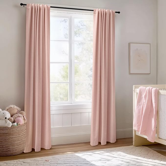 Faux Linen Total Blackout Curtains for Bedroom 84 Inch Long Blush Pink | 100% Blackout Shield, Back Tab/Rod Pocket Living Room Drapes, Thermal Insulated Blackout Curtains 2 Panels Set, 42"W x 84"L