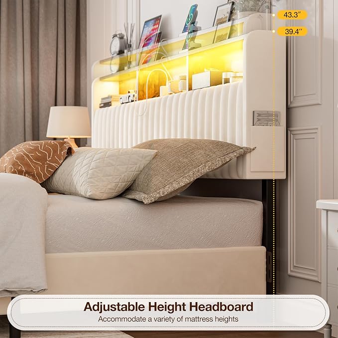 IKIFLY California King Storage Headboard Only, Adjustable Height, White | Velvet Upholstered Cal King Head Board with LED Lights & Charging Station, Easy Assembly, Modern Freestanding Headboard