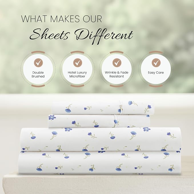 Linen Market Double-Brushed Patterned Microfiber Queen Sheet Set 4 Piece – Oeko-TEX Certified Ultra Soft & Wrinkle-Free - 16" Deep Pocket Sheets - Easy Care Queen Size - Soft Floral Light Blue
