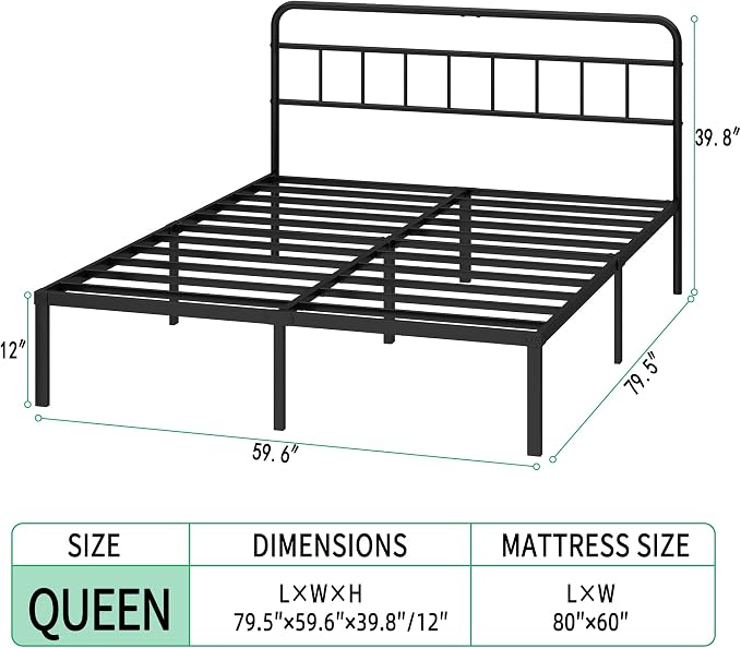 Queen Bed Frame with Classic Headboard, Black | Strong Metal Slats Support, Under Bed Storage Space, No Box Spring Needed, Easy to Assemble