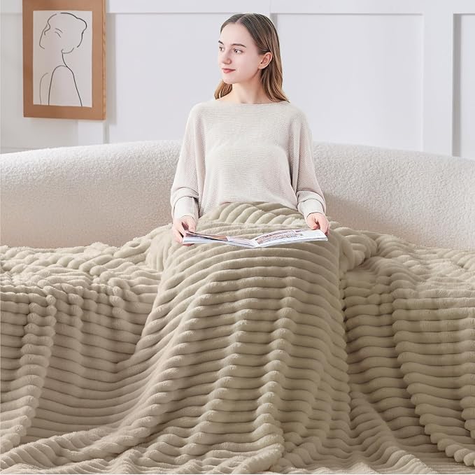 BEDELITE Ribbed Twin Blanket for Couch & Bed, Linen, 60"x80" | Ultra-Soft Plush Fleece, Cozy, Warm Yet Lightweight, Ribbed Texture, Home Decor, Machine Washable, Giftable, All-Season Use