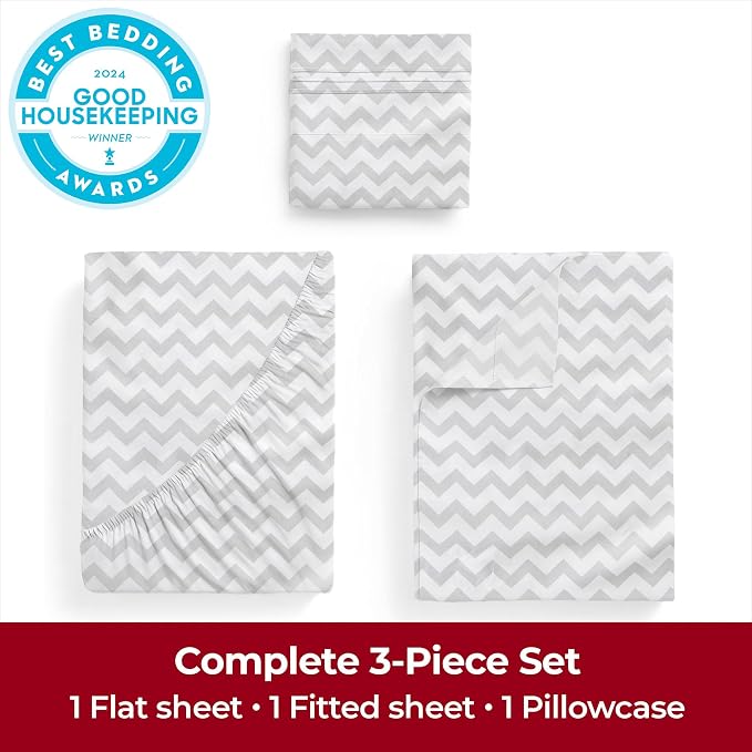 Mellanni Iconic 3-Piece, Ultra Soft Sheet Set (Twin XL, Chevron Gray) | 10M+ Sleepers. Lab-tested: Sleeps Cool, Stays Bright, Strong, Smooth. Good Housekeeping Best Bedding, 7 yrs running.