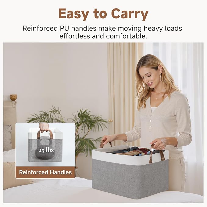 StorageWorks Fabric Storage Bin, Closet Bins, Gray and White, Large, 2-Pack | With Reinforced PU Handles, Metal Frame, Collapsible, Storage Basket for Shelves, Closet, Holds Clothes, Towels, Blankets