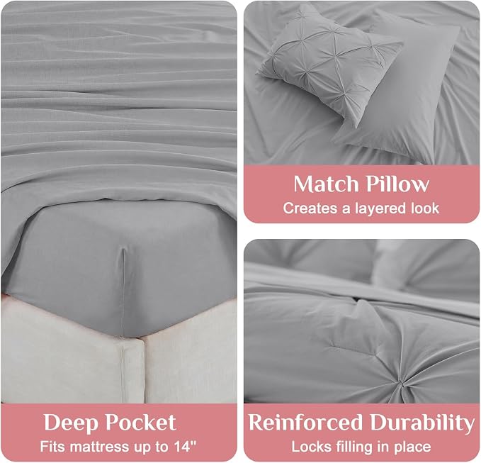JOLLYVOGUE Twin XL Comforter Set 5 Pieces - Bed in a Bag Twin XL for All Season, Pintuck Bedding Comforter Sets with Comforter, Flat Sheet, Fitted Sheet and Pillowcases & Shams, Light Grey