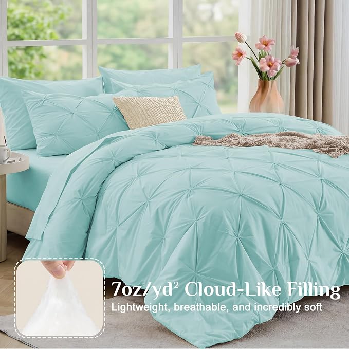JOLLYVOGUE King Size Comforter Set 7 Pieces - Bed in a Bag King for All Season, Pintuck Bedding Comforter Sets with Comforter, Flat Sheet, Fitted Sheet and Pillowcases & Shams, Lake Blue
