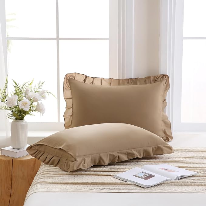 Merryword Taupe Pillow Shams Taupe Ruffle Standard Pillowcases Cute Pillow Cover Set of 2 Shabby Chic Soft Microfiber Pillowcases 2 Pack