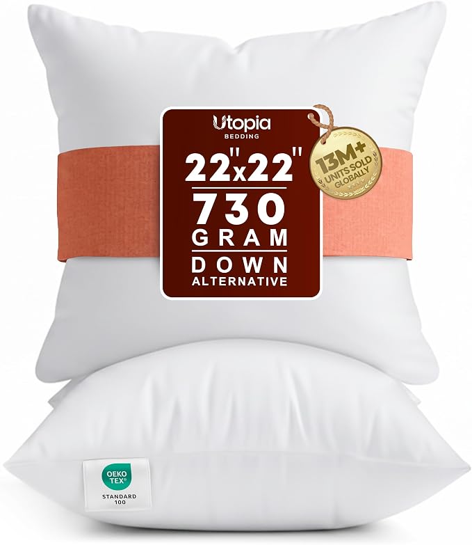 Utopia Bedding 22x22 Pillow Inserts, White Throw Pillows for Couch, 2 Pack | 100% Virgin Filling, Indoor Cushion Inserts for bed, sofa & couch, Extra Filled, Supportive & Fluffy Decorative Pillows