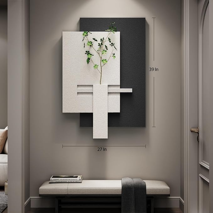 3D Black and White Abstract Wall Art, Modern Minimalist Artwork for Walls | Sandstone Textured Pictures, Layered Panle Design, Faux Plant, Decor for Living Room Bedroom Dining Room Office