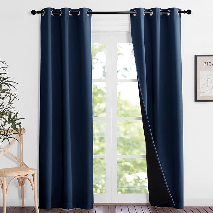 NICETOWN Complete 100% Blackout Curtain Set, Thermal Insulated & Energy Efficiency Window Draperies for Guest Room, Full Shading Panels for Shift Worker and Light Sleepers, Navy Blue, 37W x 84L, 2 Pcs | Complete 100% Room Darkening Thermal Insulated En...