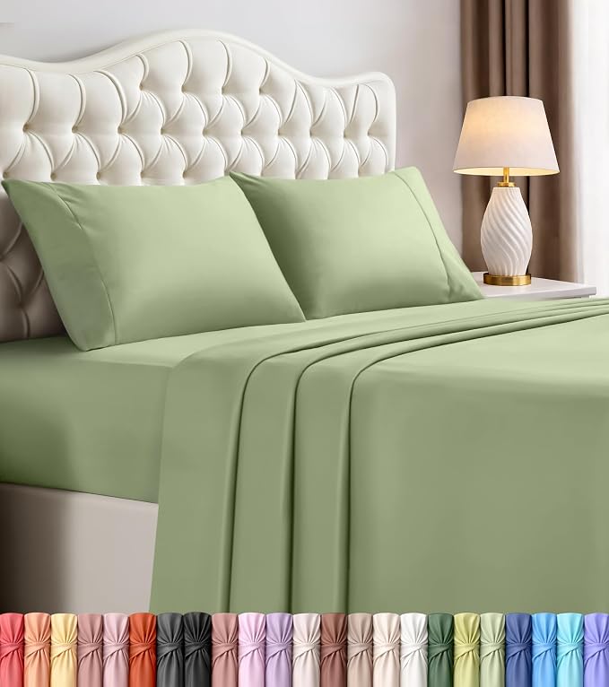 Full Sheets Set, 4 Pieces 16" Deep Pocket Hotel Luxury Bed Sheets, Sage | Extra Soft Bedsheet Set, Comfy & Breathable Cooling Sheets, Wrinkle & Fade Resistant, Fitted Sheet, Flat Sheet, 2 Pillowcases