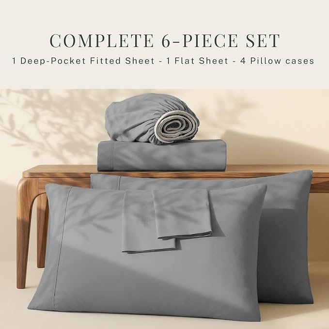 Hearth & Harbor Bed Sheets, Luxury Soft 6 Piece Bed Sheet Set Extra Deep Pocket Fitted Sheets Fits Mattress up to 21", Double Brushed Bedding Sheets & Pillowcases, Split King, Frost Gray