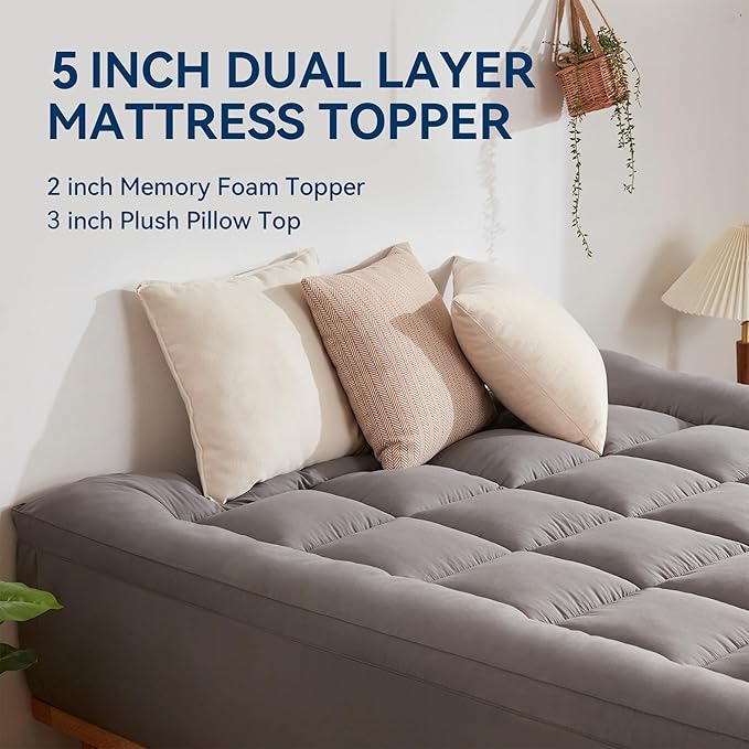 BDEUS Dual Layer 5 Inch Memory Foam Mattress Topper Twin Size, 2 Inch Gel Memory Foam Plus 3 Inch 1450 GSM Down Alternative Quilted Pillow Top Mattress Pad Cover,Dark Gray