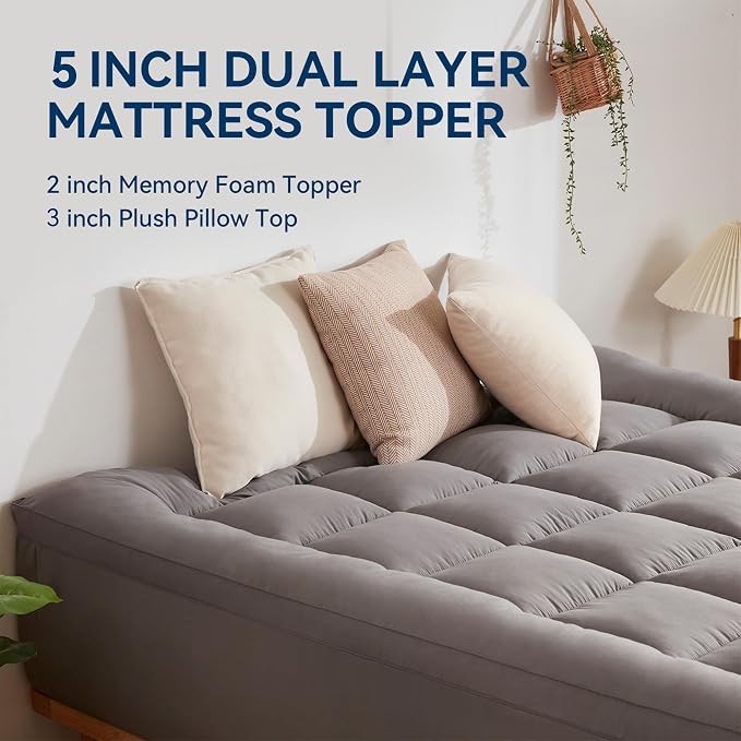BDEUS Dual Layer 5 Inch Memory Foam Mattress Topper King Size, 2 Inch Gel Memory Foam Plus 3 Inch 1450 GSM Down Alternative Quilted Pillow Top Mattress Pad Cover,Dark Gray