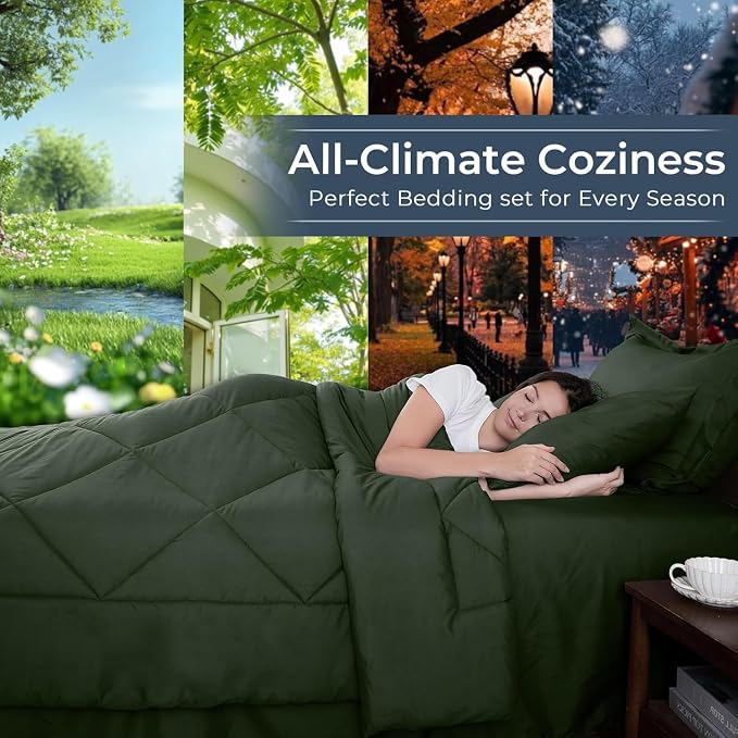 7-Piece Oversized Queen Comforter Set, Dark Green | Reversible, All-Season, Soft, 7 Piece Set, All-Season Reversible Bed in a Bag, Flat Sheet, Fitted Sheet, Pillowcases
