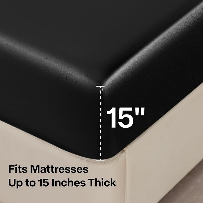 BEDELITE Satin Sheets Full XL Size Bed Set, Black, 4 Pieces | Luxury Silky Bed Sheets, 15 Inch Deep Pocket, Similar to Silk, Soft and Cooling, Reduces Friction, Gentle on Hair and Skin