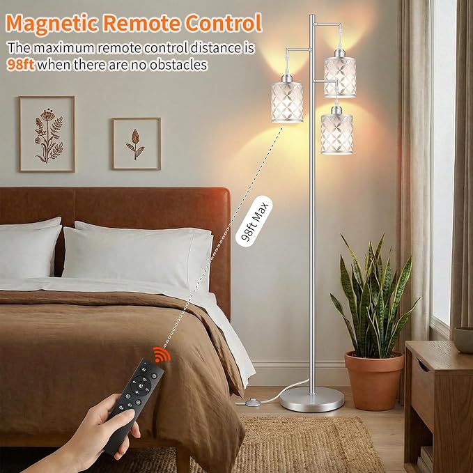 72" Dimmable Floor Lamp with Remote & Timer, Modern Minimalist Standing Lamp for Living Room Bedroom, 3 Individually Controlled Heads, 2 Height Options, 3x 1100LM LED Bulbs Included -Silver