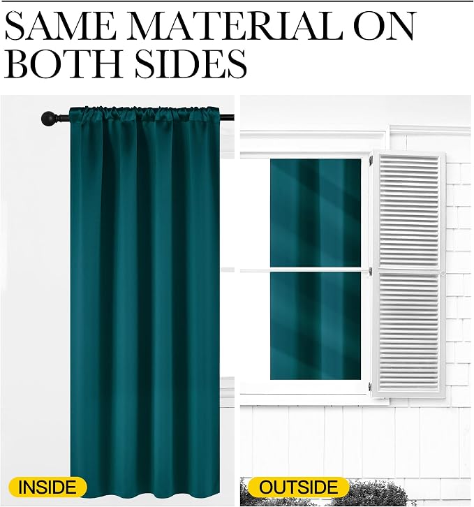 NICETOWN Teal Blackout Cafe Faux Silk Curtains for Small Windows, 42" Wide by 36" Long, 2 Panels, Rod Pocket Thermal Insulated Blackout Satin Drapes for Kitchen