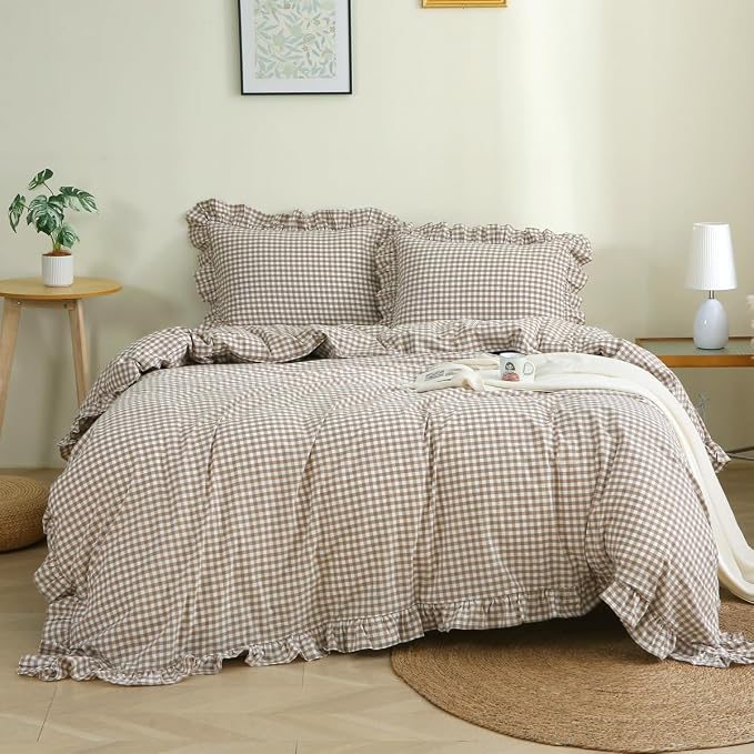 Silnuo Taupe/White Plaid Gingham Ruffle Duvet Cover Set Twin Size | 100% Washed Cotton 3 Piece Vintage Checkered Chic Bedding Set Comforter Cover Set