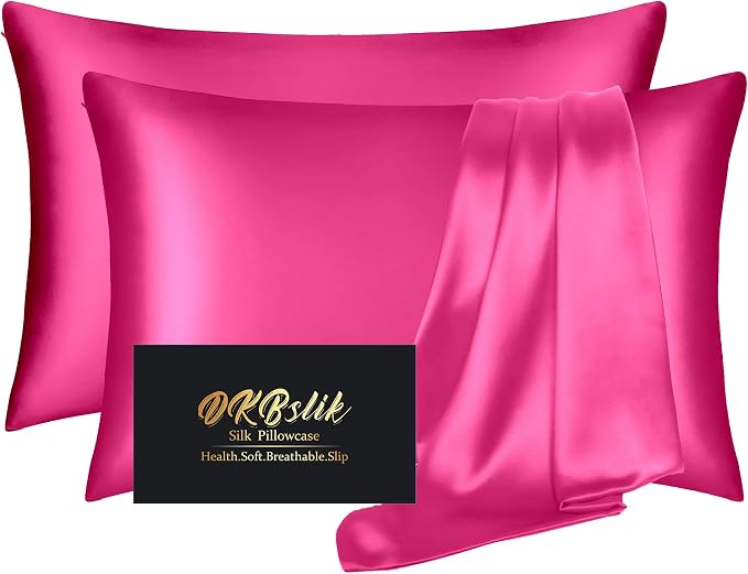 Silk Pillowcase 2 Pack, Mulberry Silk Pillow Cases Queen Size Set of 2, Anti Acne Silk Pillowcase for Hair and Skin, Natural Silk Satin Pillowcases Gifts for Women Men 2 Pack with Zipper,Hot Pink