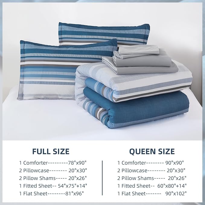 Dobuyly Grayish Blue Queen Comforter Set 7 Pieces, Boho Striped Bed in a Bag Queen Size Soft Microfiber All Season Grey Bedding Set with Comforter, Sheets, Pillowcases & Shams