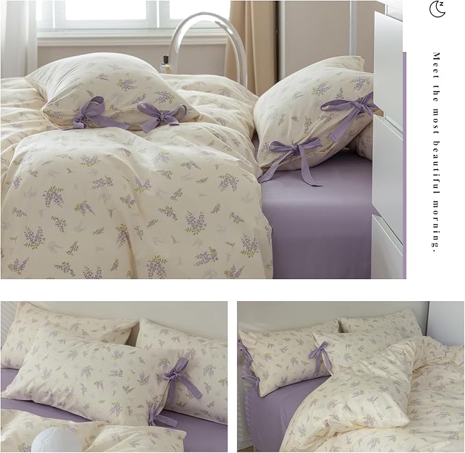 mixinni Lavender Flower Duvet Cover Queen Cotton Teenage Girls Flower Leaf Print 3pc Soft Cottage Ribbon Bedding Set Comforter Cover with Bowknot Pillowcase Perfect for Girls- (3pcs, Queen Size)