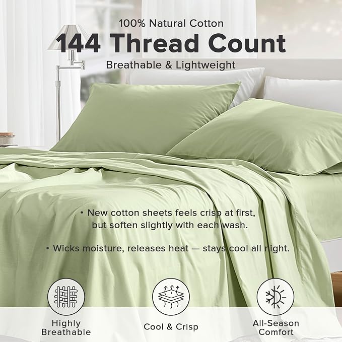 Comfort Spaces 100% Cotton Percale Sheets Twin XL Size 3 Piece, Sage Green | Crisp, Cool & Breathable Bed Sheets, 12" Deep Pocket Fits Up to 14" Mattress, Lightweight, All Season Cozy, with Pillow Case