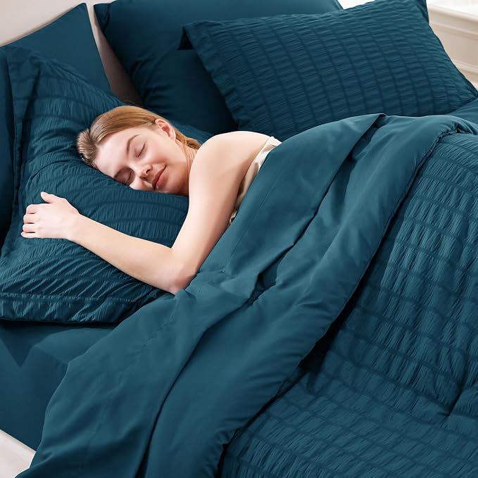King Size Comforter Set 7 Pieces Lyons Blue Seersucker Bed in a Bag | OEKO-TEX Certified, All Season Bedding Set with 240 GSM Down Alternative Comforter, Flat & Fitted Sheets, Pillowcases & Shams