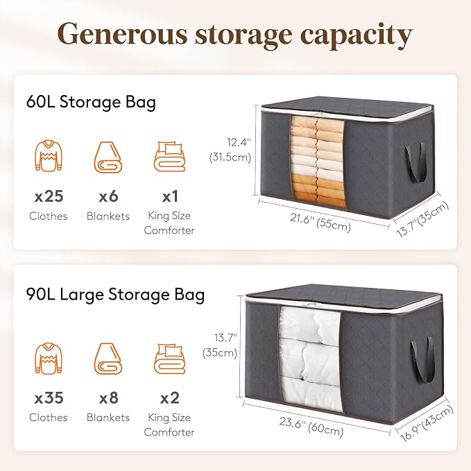 Lifewit 6 Pack Clothes Storage Bins with Lids, Foldable Blanket Storage Bags with Zippers, Clear Window and Reinforced Handles, Closet and Organization for Clothing, Sweater, Comforter, Bedding