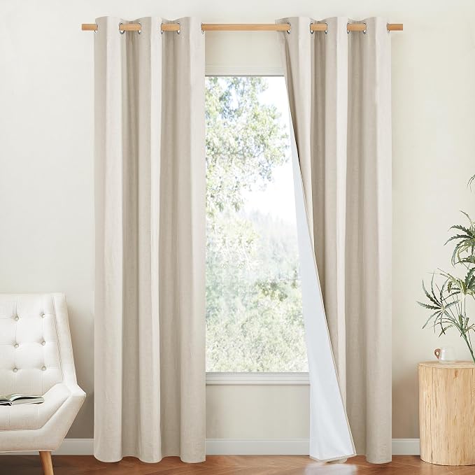 NICETOWN Beige Blackout Curtains for Boy's Room 52" w x 80" L 2 Panels | 100% Room Darkening Linen Texture Thermal Insulated Full Room Darkening 2-Layer Lined Drapes, Energy Efficiency Draperies