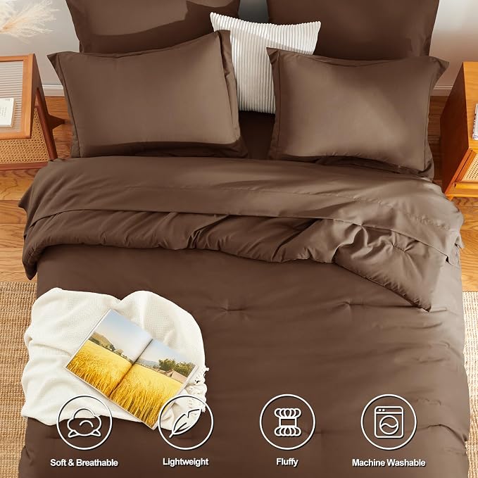 HIMEET Full Comforter Set, 7-Piece Point-Quilted Bed in a Bag, Brown | OEKO-TEX Certified, Lightweight 240 GSM Comforter, Flat Sheet, 14-Inch Deep-Pocket Fitted Sheet, Pillowcases & Shams