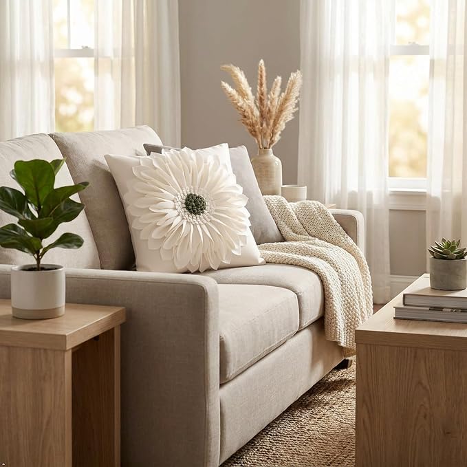 OiseauVoler Decorative 3D Flower Throw Pillow Covers for Couch 18x18 Inch | Ivory White Aesthetic Sunflower Pattern Handmade Pillowcases Boho Farmhouse Bed Decor Vintage Floral Easy Care