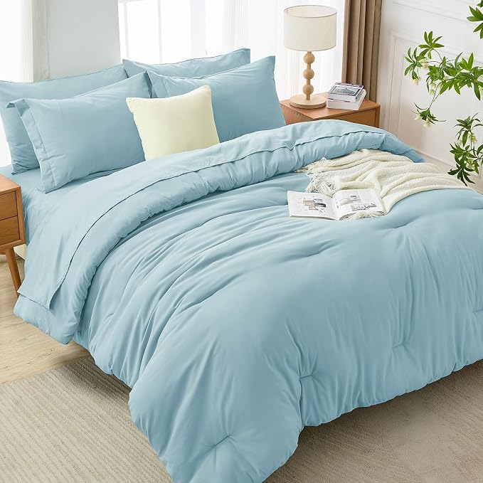 7 Pieces King Comforter Set, Soft Bed in a Bag King Size, All Season Bedding Set with Comforter, Flat Sheet, Fitted Sheet, Pillowcases & Shams, Lake Blue