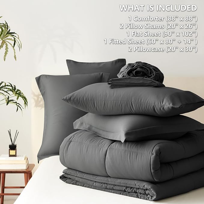 Queen Comforter Set, 7-Piece Bed in a Bag, Dark Grey | OEKO-TEX Certified, Box-Stitched Design, 240 GSM Down Alternative Fill, All-Season Comfort, Sheets, Pillowcases & Shams